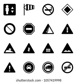 Solid vector icon set - elevator vector, side wind, no smoking sign, main road, prohibition, way, landslide, traffic light, steep roadside, intersection, railway, rough, attention, car, truck