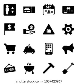 Solid vector icon set - elevator vector, ticket, christmas calendar, credit card, dollar flag, investment, tunnel road sign, gear, cart, electric car, mobile, megaphone, open, grill, hammer, shovel