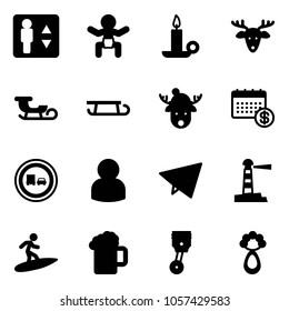 Solid vector icon set - elevator vector, baby, candle, christmas deer, sleigh, hat, calendar, no truck overtake road sign, user, paper fly, lighthouse, surfing, beer, piston, beanbag