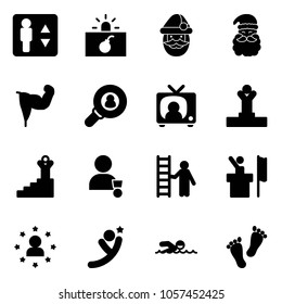 Solid vector icon set - elevator vector, terrorism, santa claus, power hand, head hunter, tv news, winner, success, opportunity, speaker, star man, flying, swimming, feet
