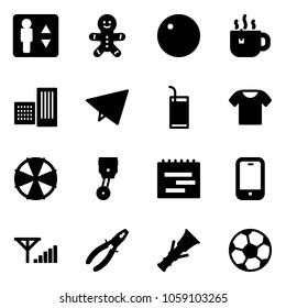 Solid vector icon set - elevator vector, cake man, record, hot tea, building, paper fly, drink, t shirt, parasol, piston, terms plan, mobile phone, fine signal, pliers, dowel, soccer ball