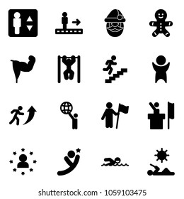Solid vector icon set - elevator vector, travolator, santa claus, cake man, power hand, pull ups, career, success, world, win, speaker, star, flying, swimming, reading
