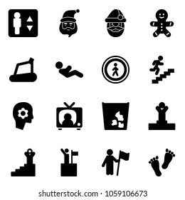 Solid vector icon set - elevator vector, santa claus, cake man, treadmill, abdominal muscles, no pedestrian road sign, career, brain work, tv news, garbage, winner, success, win, feet