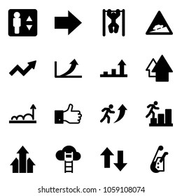 Solid vector icon set - elevator vector, right arrow, pull ups, climb road sign, growth, up, finger, career, arrows, cloud ladder, down, winch