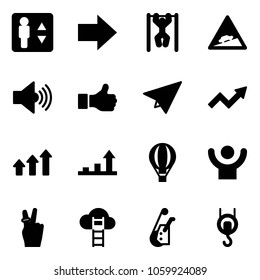 Solid vector icon set - elevator vector, right arrow, pull ups, climb road sign, volume max, like, paper plane, growth, arrows up, air balloon, success, victory, cloud ladder, winch