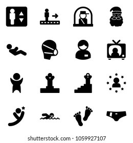 Solid vector icon set - elevator vector, travolator, officer window, santa claus, abdominal muscles, medical mask, manager, tv news, success, winner, star man, flying, swimming, feet, swimsuit