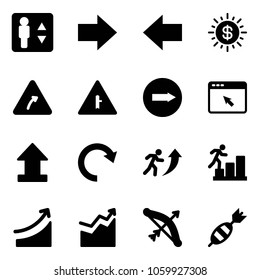 Solid vector icon set - elevator vector, right arrow, left, dollar sun, turn road sign, intersection, only, cursor browser, uplooad, redo, career, rise, growth, bow, dart