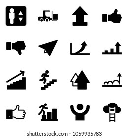 Solid vector icon set - elevator vector, fork loader, uplooad, like, dislike, paper plane, growth arrow, career, up, finger, success, cloud ladder