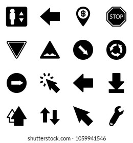 Solid vector icon set - elevator vector, left arrow, dollar pin, stop road sign, giving way, rough, detour, circle, only right, cursor, download, up, down arrows, wrench