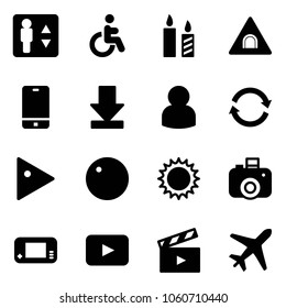 Solid vector icon set - elevator vector, disabled, candle, tunnel road sign, phone, download, user, refresh, play, record, sun, camera, game console, playback, movie flap, plane