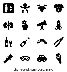 Solid vector icon set - elevator vector, baby, christmas deer, dog, kidneys, flower pot, telescope, rocket, wine, fizz opening, rainbow, pliers, dowel, protective glasses, car, beanbag
