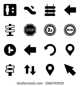 Solid vector icon set - elevator vector, escalator down, sign post, left arrow, road signpost, stop, limited height, no overtake, only forward right, undo, map pin, up arrows, navigation, cursor