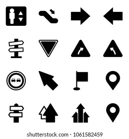 Solid vector icon set - elevator vector, escalator down, right arrow, left, road signpost sign, giving way, turn, no overtake, cursor, flag, map pin, up, arrows, navigation