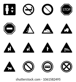 Solid vector icon set - elevator vector, no smoking sign, prohibition road, stop, way, landslide, steep descent, tractor, abrupt turn right, wild animals, intersection, side wind, cow, bus