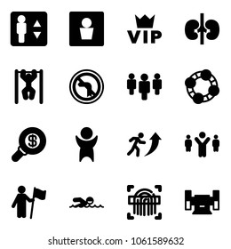 Solid vector icon set - elevator vector, male wc, vip, kidneys, pull ups, no left turn road sign, group, friends, search money, success, career, team leader, win, swimming, fingerprint scanner