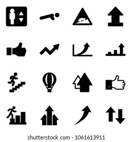 Solid vector icon set - elevator vector, push ups, climb road sign, uplooad, like, growth arrow, career, air balloon, up, finger, arrows, down