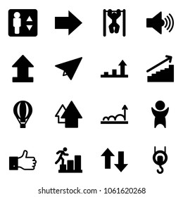 Solid vector icon set - elevator vector, right arrow, pull ups, volume max, uplooad, paper plane, growth, air balloon, up, success, finger, career, down arrows, winch