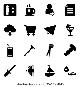 Solid vector icon set - elevator vector, tea, user login, document, download cloud, cart, paper fly, drink, mason hammer, plumber, screw, clinch, allen key set, sailboat toy, constructor blocks