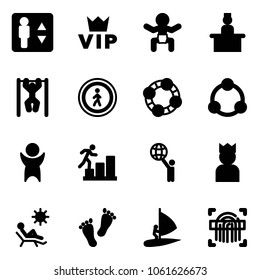 Solid vector icon set - elevator vector, vip, baby, recieptionist, pull ups, no pedestrian road sign, friends, community, success, career, world, king, beach, feet, windsurfing, fingerprint scanner