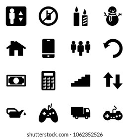Solid vector icon set - elevator vector, no mobile sign, candle, snowman, home, phone, group, undo, money, calculator, stairs, up down arrows, oiler, joystick, truck toy, gamepad