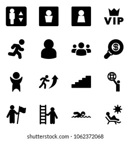 Solid vector icon set - elevator vector, male wc, female, vip, run, user, group, search money, success, career, stairs, world, win, opportunity, swimming, beach