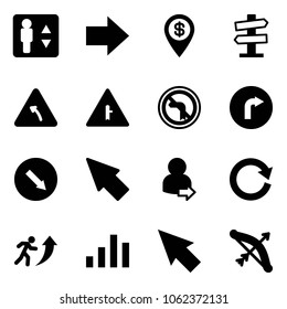 Solid vector icon set - elevator vector, right arrow, dollar pin, road signpost sign, turn left, intersection, no, only, detour, cursor, user login, reload, career, chart, bow
