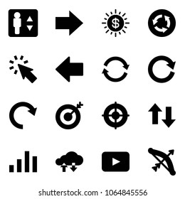 Solid vector icon set - elevator vector, right arrow, dollar sun, circle road sign, cursor, left, refresh, reload, redo, target, up down arrows, chart, cloud exchange data, playback, bow