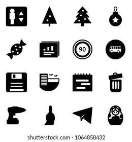 Solid vector icon set - elevator vector, christmas tree, ball, candy, statistics report, speed limit 90 road sign, bus, save, hotel, terms plan, trash bin, drill, brush, paper plane, russian doll