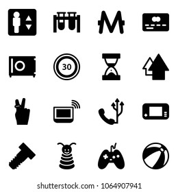 Solid vector icon set - elevator vector, vial, monero, credit card, safe, speed limit 30 road sign, sand clock, arrow up, victory, notebook wi fi, phone, game console, bolt, pyramid toy, joystick