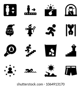 Solid vector icon set - elevator vector, travolator, terrorism, officer window, santa claus, run, pull ups, head hunter, career, garbage, success, star man, swimming, reading, swimsuit