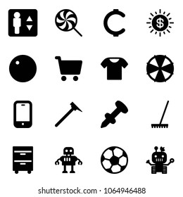 Solid vector icon set - elevator vector, lollipop, cent, dollar sun, record, cart, t shirt, parasol, mobile phone, mason hammer, nail dowel, rake, tool cabinet, robot, soccer ball