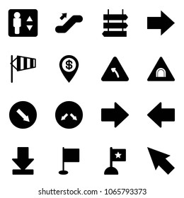 Solid vector icon set - elevator vector, escalator up, sign post, right arrow, side wind, dollar pin, turn left road, tunnel, detour, download, flag, cursor