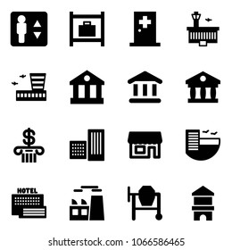 Solid vector icon set - elevator vector, baggage room, first aid, airport building, bank, store, hotel, sea, plant, cocncrete mixer, toy block house