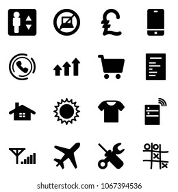 Solid vector icon set - elevator vector, no computer sign, pound, phone, horn, arrows up, cart, document, home, sun, t shirt, server wireless, fine signal, plane, wrench screwdriver, Tic tac toe