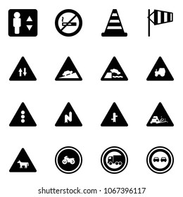 Solid vector icon set - elevator vector, no smoking sign, road cone, side wind, oncoming traffic, climb, embankment, tractor way, light, abrupt turn right, intersection, gravel, cow, moto, truck