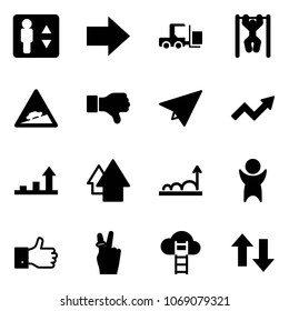 Solid Vector Icon Set - Elevator Vector, Right Arrow, Fork Loader, Pull Ups, Climb Road Sign, Dislike, Paper Plane, Growth, Up, Success, Finger, Victory, Cloud Ladder, Down Arrows