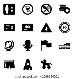 Solid vector icon set - elevator vector, no alcohol sign, fork spoon plate, coin, tap pay, credit card, intersection road, speed limit 90, globe, office chair, flag, brick wall, swimsuit, rocket