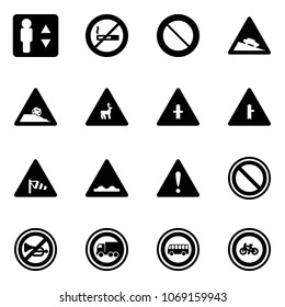 Solid vector icon set - elevator vector, no smoking sign, prohibition road, steep descent, roadside, wild animals, intersection, side wind, rough, attention, horn, truck, bus, bike