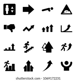 Solid vector icon set - elevator vector, right arrow, push ups, climb road sign, dislike, growth, arrows up, career, success