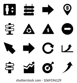 Solid vector icon set - elevator vector, sign post, right arrow, dollar pin, road signpost, round motion, intersection, only, cursor, reload, growth, target