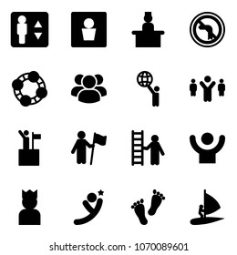 Solid vector icon set - elevator vector, male wc, recieptionist, no left turn road sign, friends, group, world, team leader, win, opportunity, success, king, flying man, feet, windsurfing