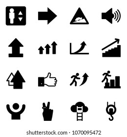 Solid vector icon set - elevator vector, right arrow, climb road sign, volume max, uplooad, arrows up, growth, finger, career, success, victory, cloud ladder, winch