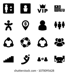 Solid vector icon set - elevator vector, male wc, vip, hospital building, gymnastics, dollar pin, user, group, social, friends, community, stairs, flying man, information exchange, sharpening