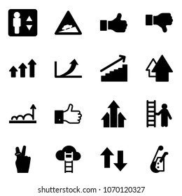 Solid vector icon set - elevator vector, climb road sign, like, dislike, arrows up, growth arrow, finger, opportunity, victory, cloud ladder, down, winch