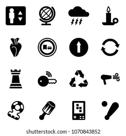 Solid vector icon set - elevator vector, globe, storm, candle, heart, no truck overtake road sign, only forward, refresh, chess tower, wireless key, recycling, dryer, teethers, beanbag, game console