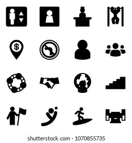 Solid vector icon set - elevator vector, female wc, recieptionist, pull ups, dollar pin, no left turn road sign, user, group, friends, agreement, man globe, stairs, win, flying, surfing, sharpening