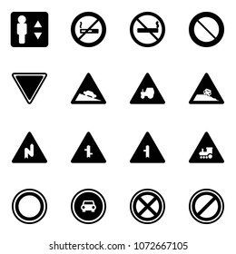 Solid vector icon set - elevator vector, no smoking sign, prohibition road, giving way, steep descent, tractor, roadside, abrupt turn right, intersection, railway, car, stop, parking