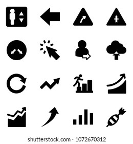 Solid Vector Icon Set - Elevator Vector, Left Arrow, Turn Right Road Sign, Intersection, Detour, Cursor, User Login, Upload Cloud, Reload, Growth, Career, Rise, Chart, Dart