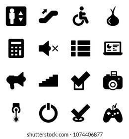 Solid vector icon set - elevator vector, escalator up, disabled, onion, calculator, volume off, menu, statistics monitor, megaphone, stairs, check, camera, laser, standby button, joystick