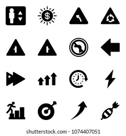 Solid vector icon set - elevator vector, dollar sun, turn left road sign, round motion, intersection, no, arrow, fast forward, arrows up, clock around, lightning, career, target, growth, dart